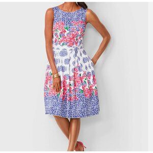 TALBOTS Mosaic Floral Sateen Pink Blue Cotton Stretch Fit & Flare Dress Sz 16WP